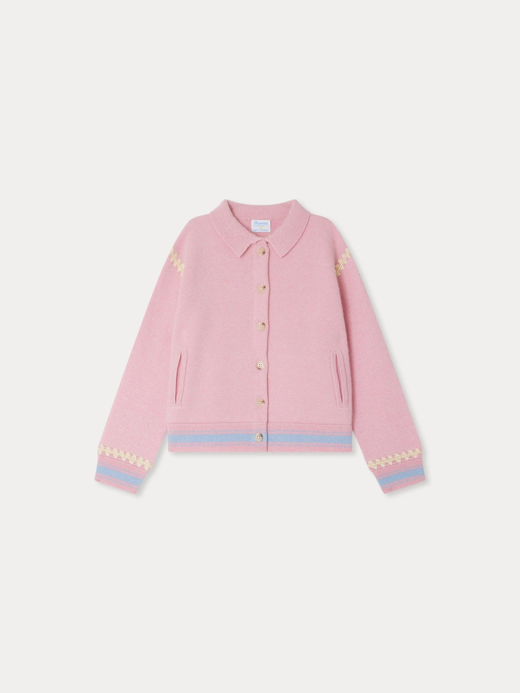 cardigan en cachemire rose brodé de motifs contrastés