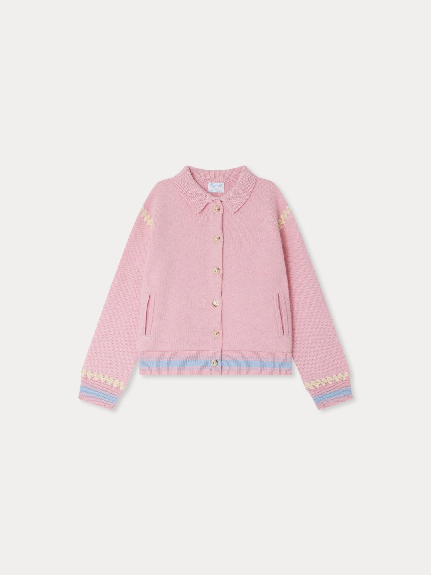 cardigan en cachemire rose brodé de motifs contrastés