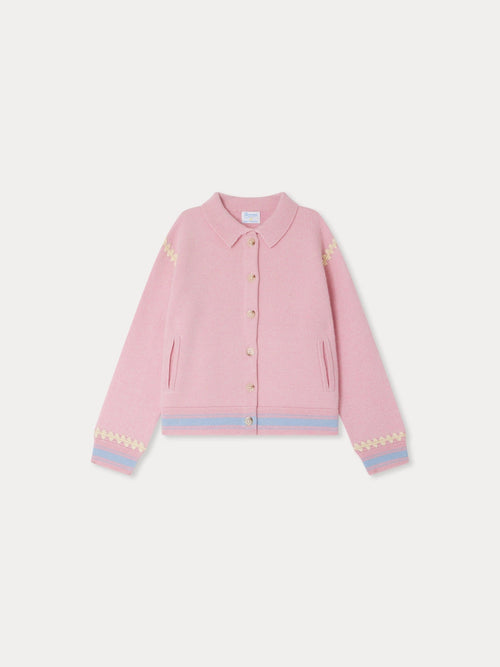 cardigan en cachemire rose brodé de motifs contrastés