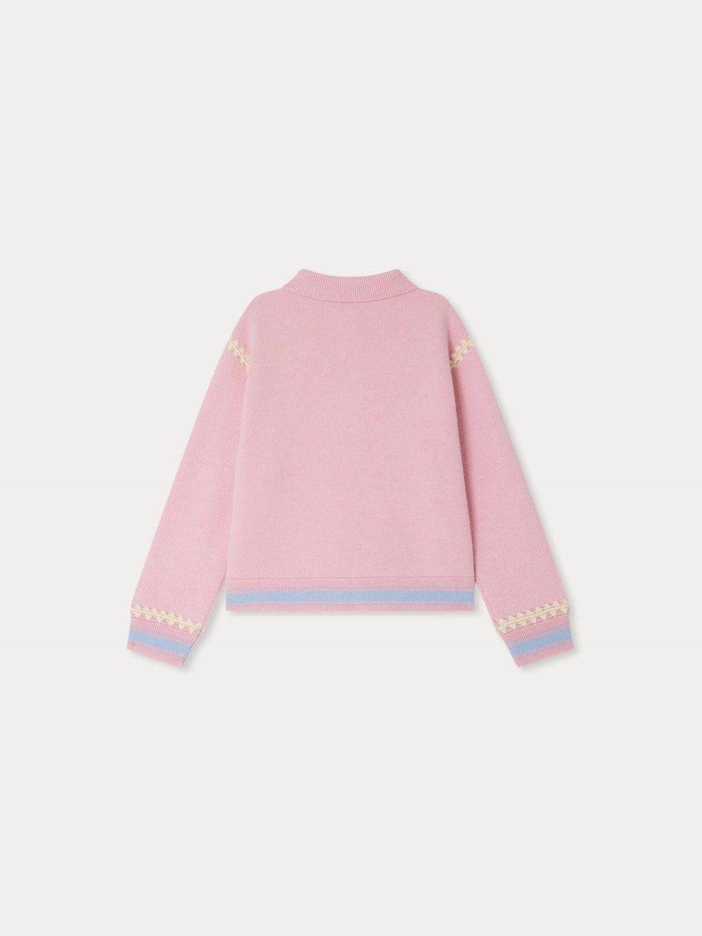 cardigan en cachemire rose brodé de motifs contrastés