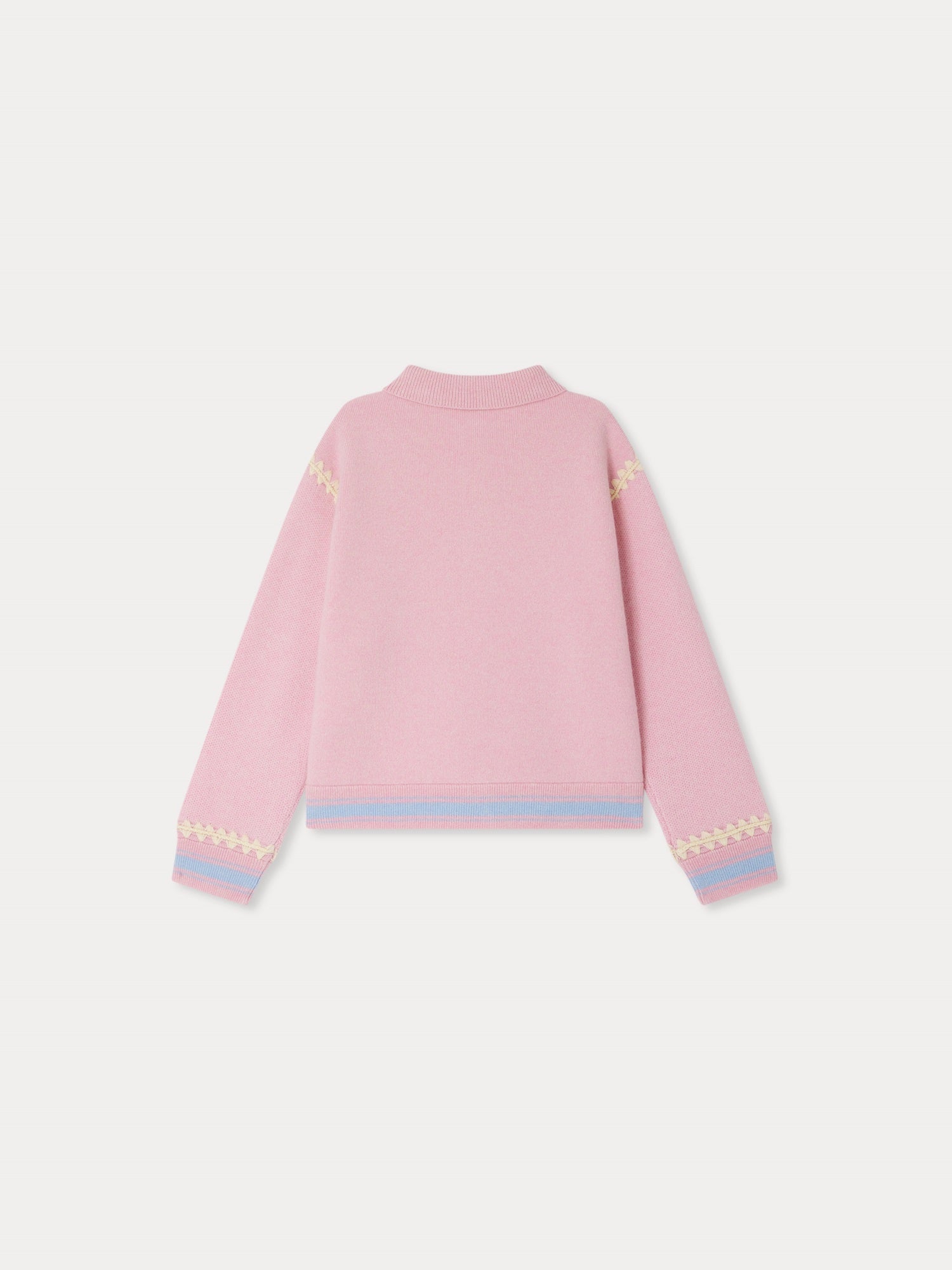 cardigan en cachemire rose brodé de motifs contrastés