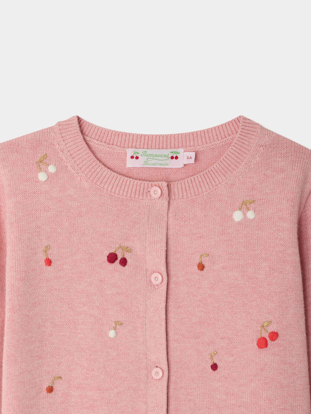 cardigan à col rond et cerises brodées à la main