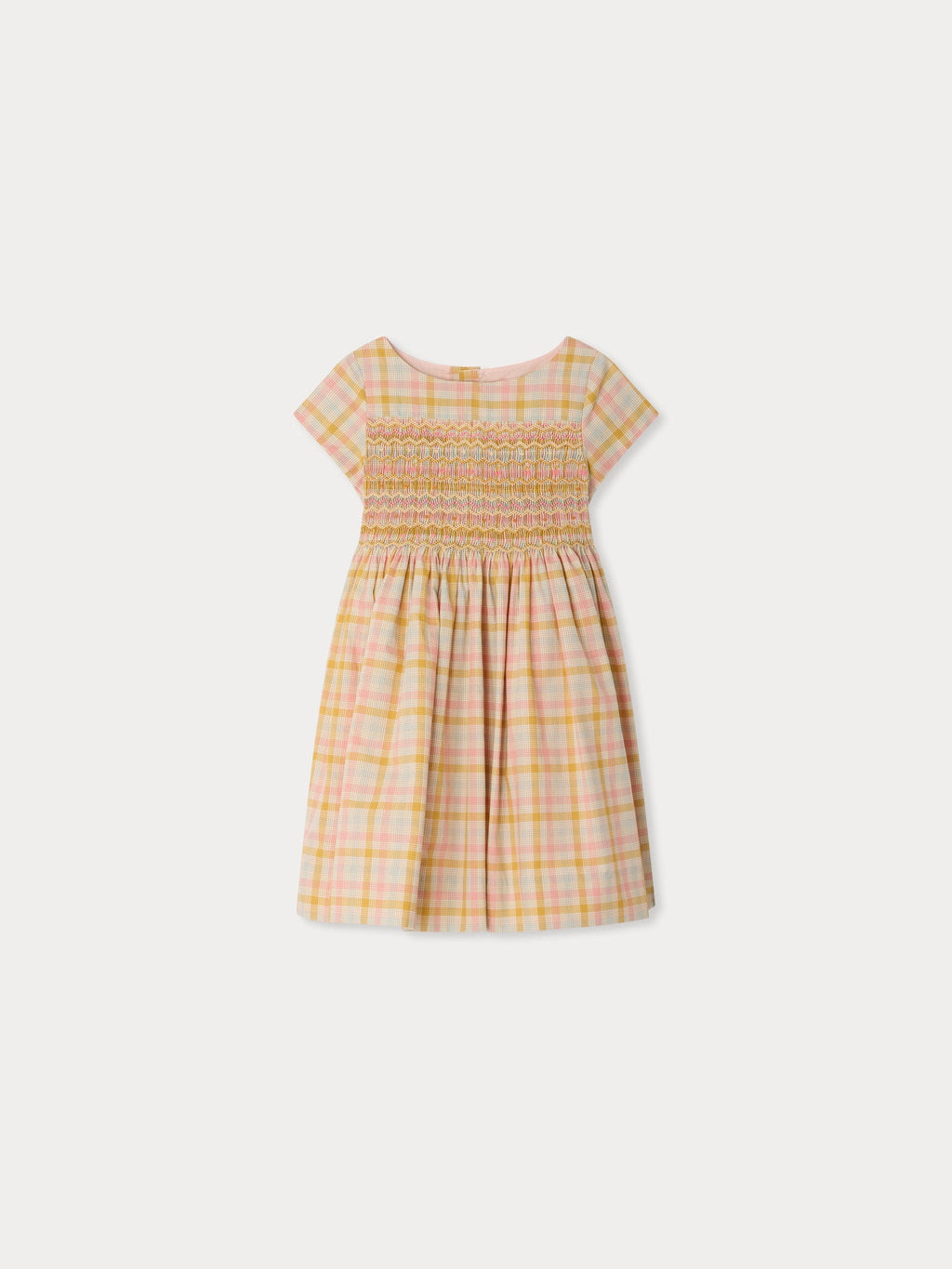 robe en coton bio à motif écossais smocké et brodé main