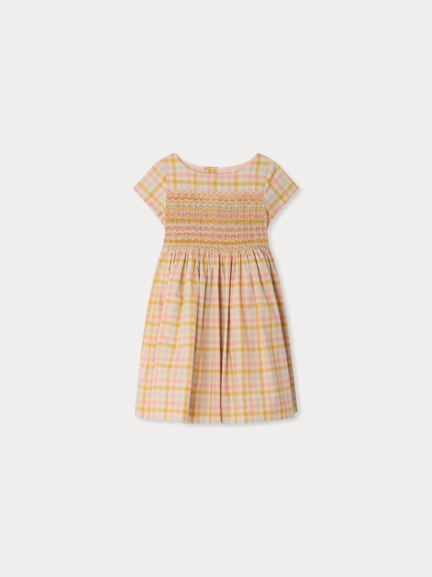 robe en coton bio à motif écossais smocké et brodé main