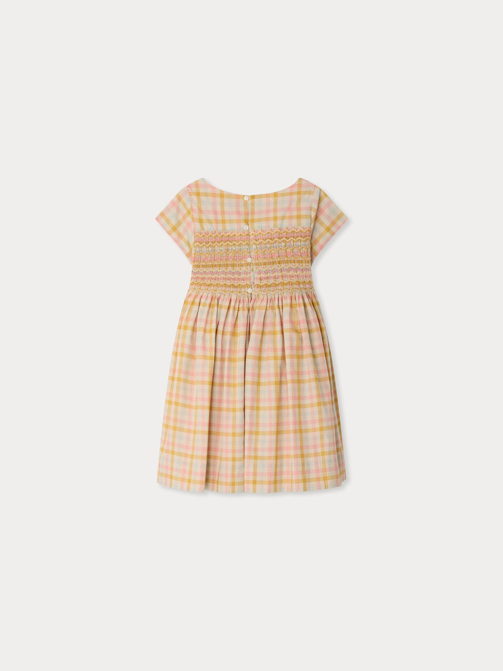 robe en coton bio à motif écossais smocké et brodé main