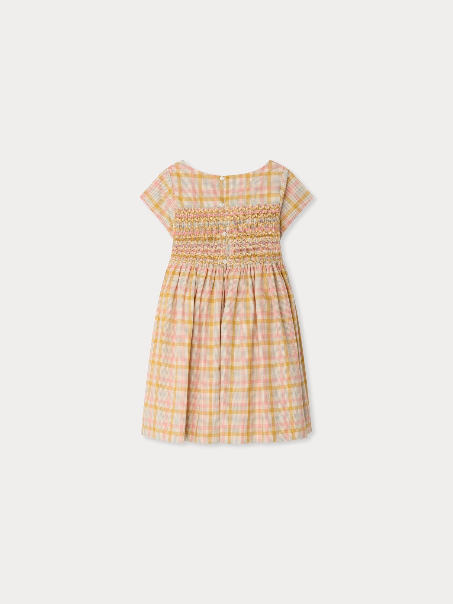 robe en coton bio à motif écossais smocké et brodé main