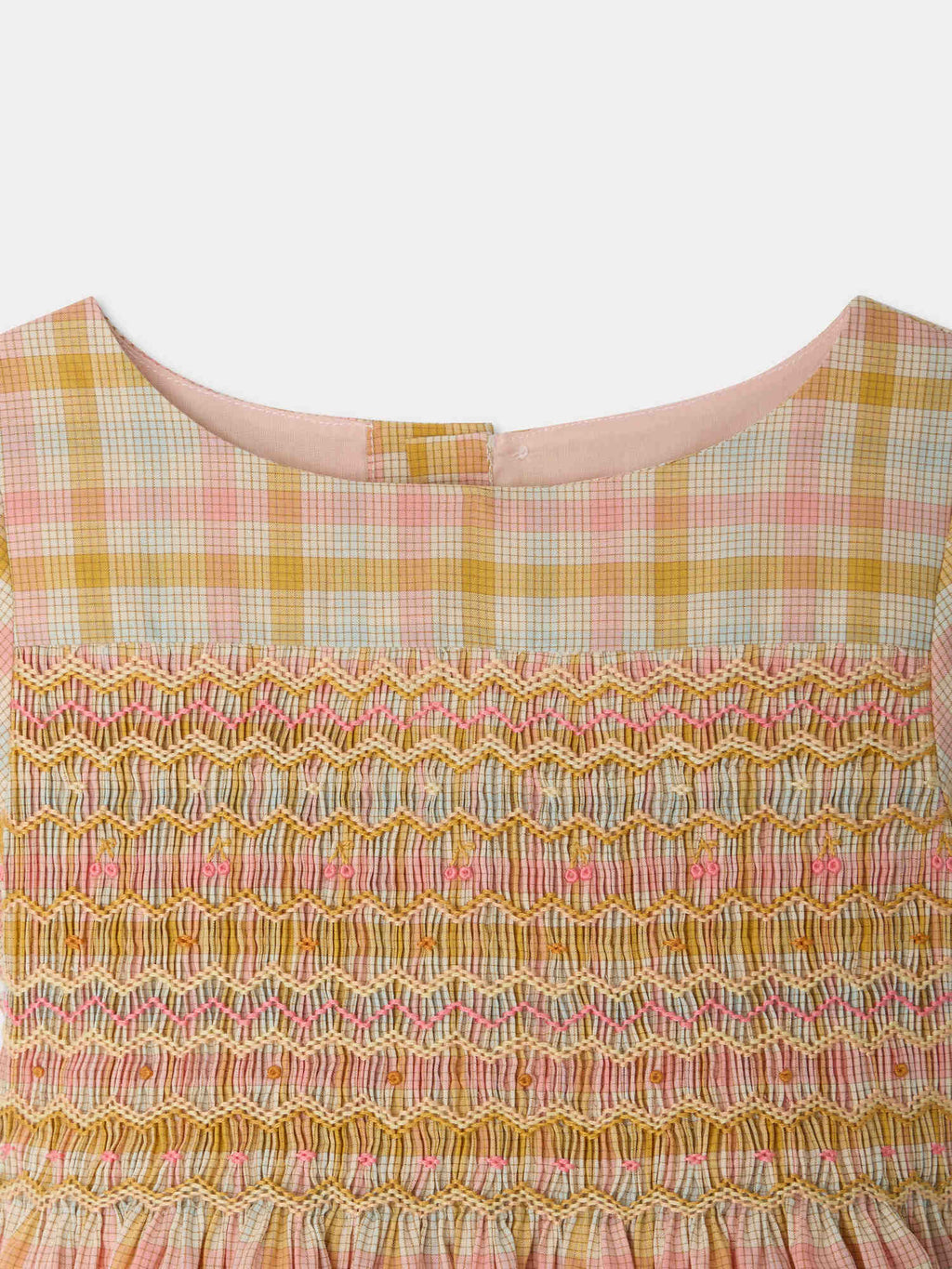 robe en coton bio à motif écossais smocké et brodé main